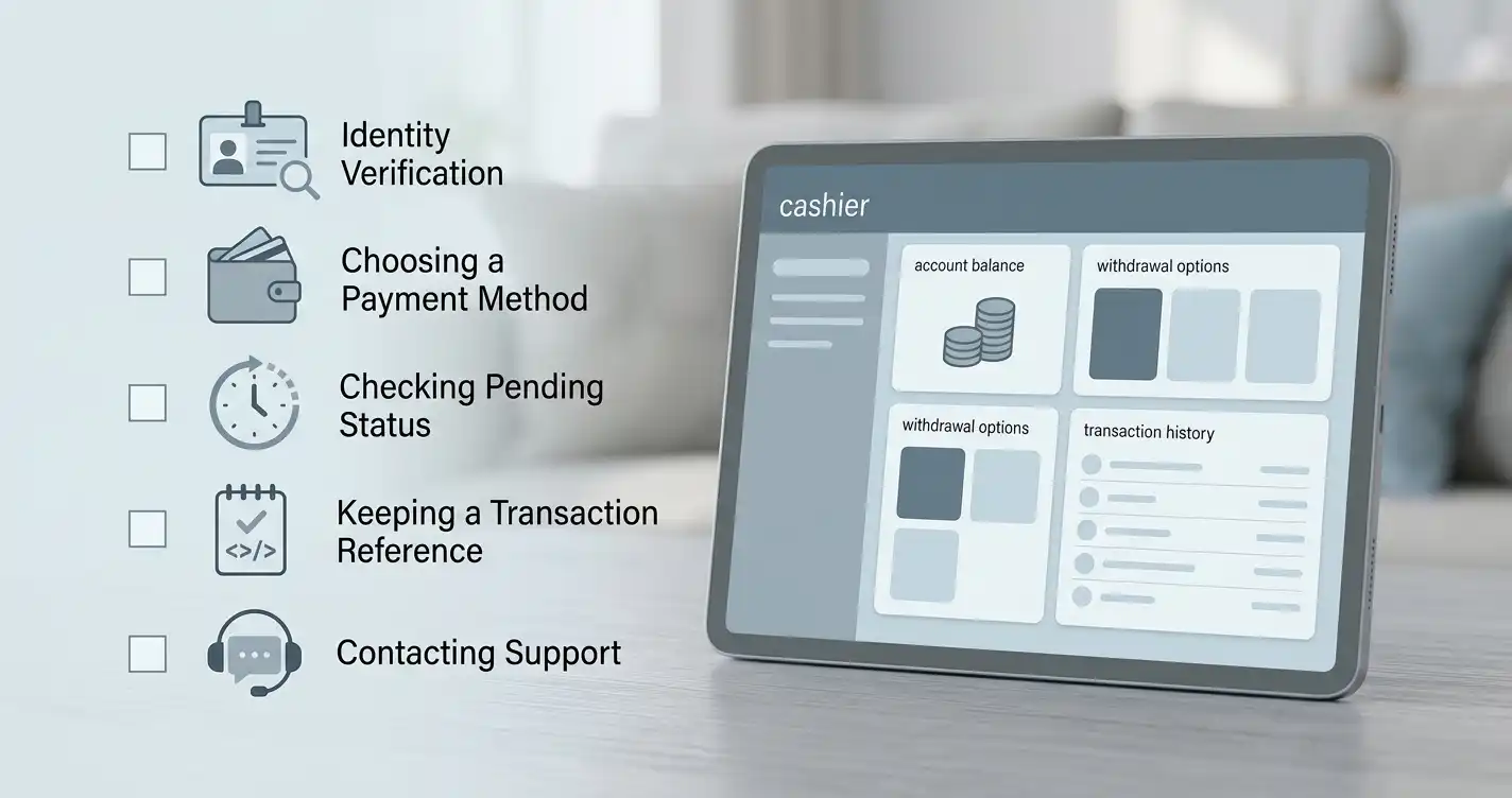 Cashout checklist covering verification, payment method, pending status and support