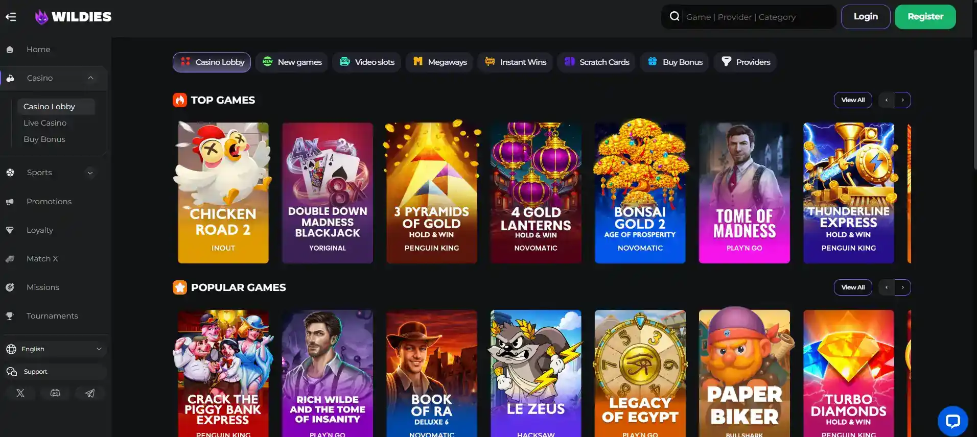 Current Wildies Casino game lobby and category navigation