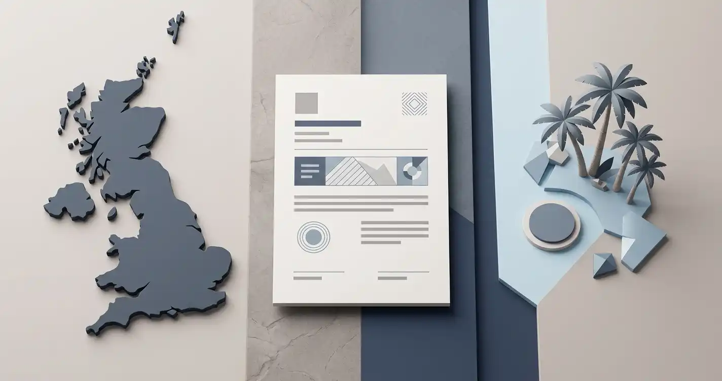 Editorial illustration comparing a generic UK regulatory document with a separate offshore licence jurisdiction marker