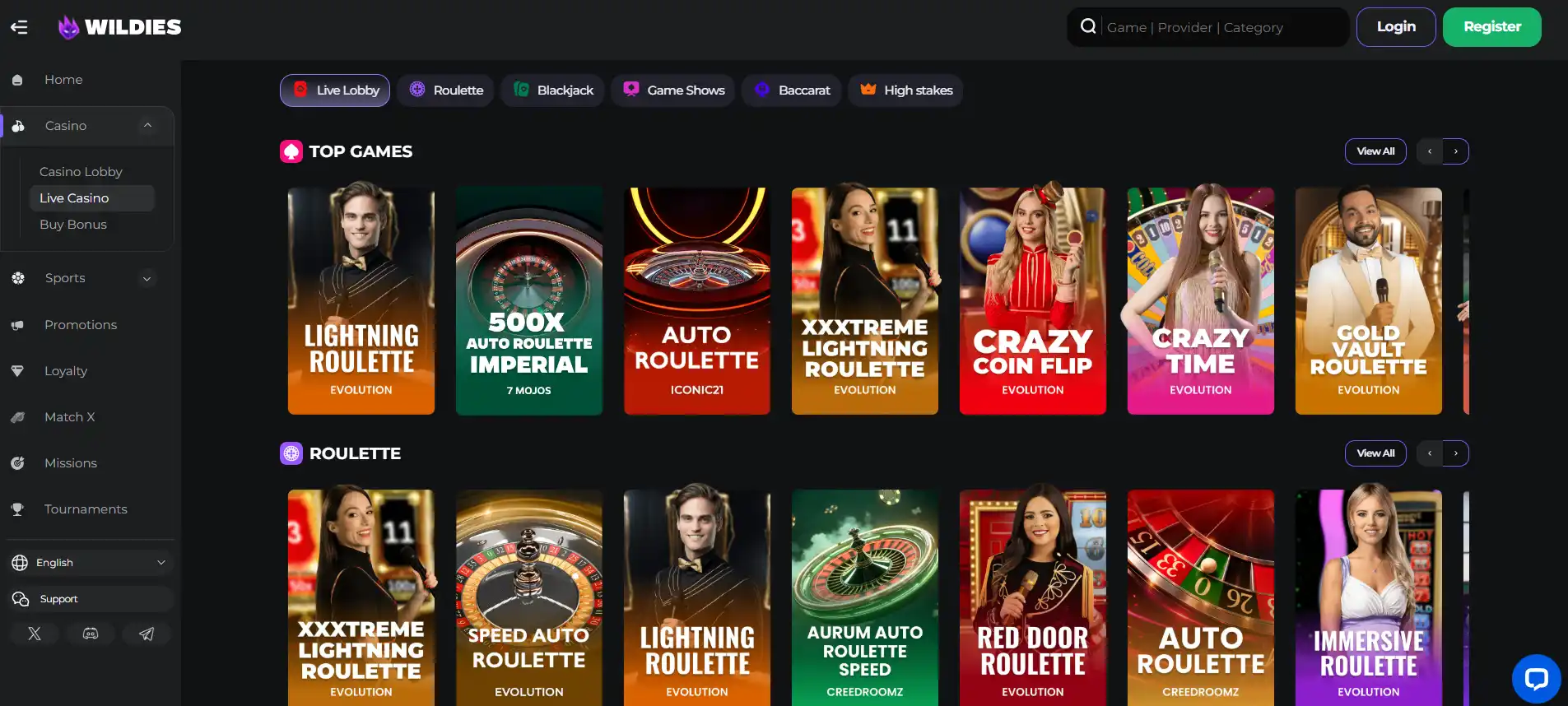 Wildies live casino lobby with live dealer game categories