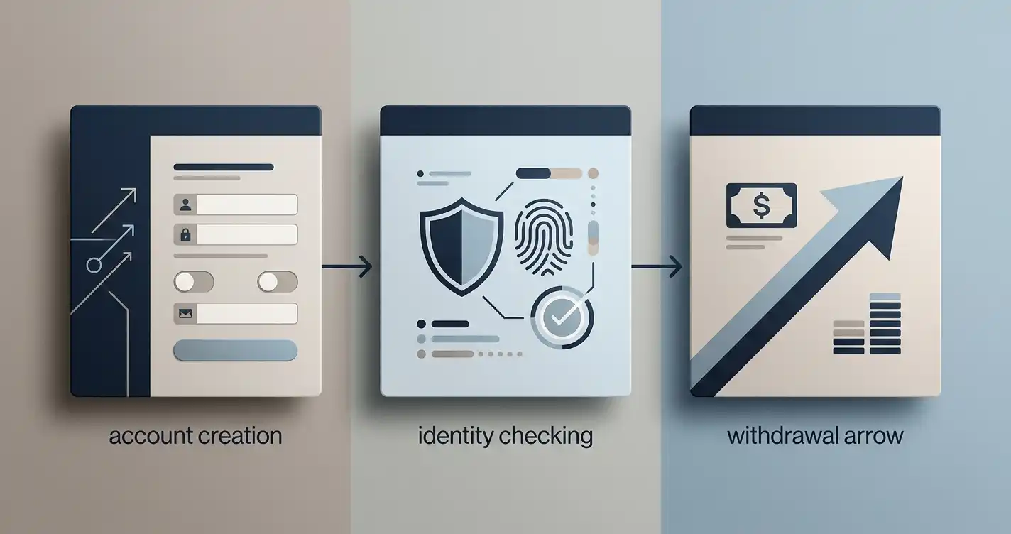 Illustration of account registration, identity verification and a withdrawal step